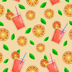 Seamless pattern with pieces of fruit and glasses of orange juice on a cream background. Hand drawn illustration