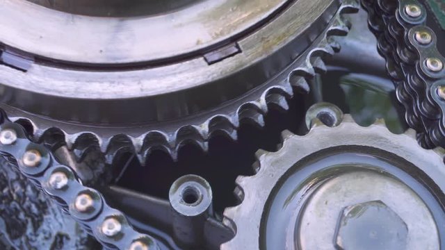 Proper operation of oiled gears and rollers. Shine oil. Abstract idea of interaction. The movement of mechanical gears in industrial equipment.