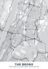 Fototapeta premium The Bronx map. Light poster with map of The Bronx borough (New York, United States). Highly detailed map of The Bronx with water objects, roads, railways, etc. Printable poster.