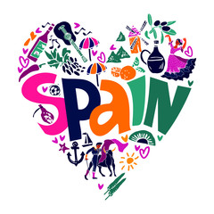 A stylized heart in a vector with the symbols of Spain and the words Spain in the center written in colored letters. Tourist emblem for guides to Spain in cartoon style drawn by hand.  
