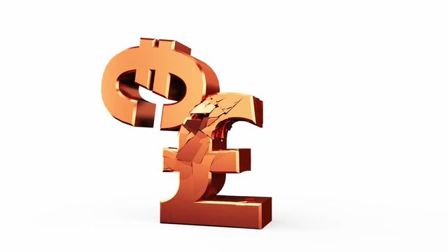 Brexit issue, pound vs. euro, two golden currency symbols fighting, on white background. 3D rendering. animation.