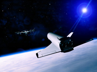 Space ship is going in to deep space. Flight to Mars concept. Elements of this image furnished by NASA.