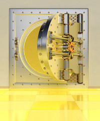 Front view of light gold bank vault door, closed. The door to the bank vault with a lot of secret mechanisms and passwords. 3D Render