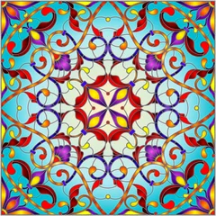Papier Peint photo autocollant Tuiles marocaines Illustration dans le style de vitrail avec des ornements floraux abstraits, des fleurs, des feuilles et des boucles sur fond bleu, image carrée