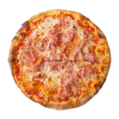 Freshly baked delicious pizza with ham, mozzarella cheese and tomato sauce isolated on white background. Italian food. Fastfood