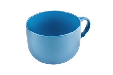 Single blue empty ceramic cup for drinks or other liquid products isolated on white background