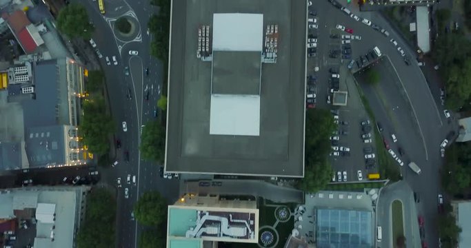 Top Aerial overhead fast flight motion view and city landscape on evening. Beautiful Tbilisi,Georgia