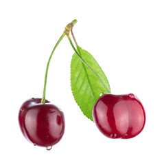 Cherries with leaves isolated on white background. Full sharpness.