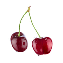 Fototapeta na wymiar Two cherries isolated on white background. Full sharpness.
