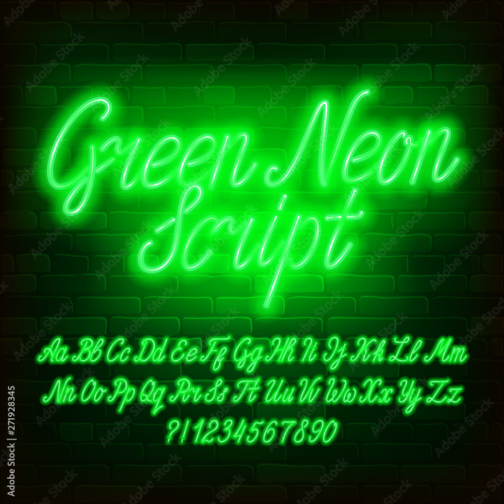 Fototapete green neon script alphabet font. neon color lowercase and uppercase letters and numbers. brick wall 