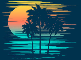 Sunset on tropical beach with palm tree. Sun on evening sea