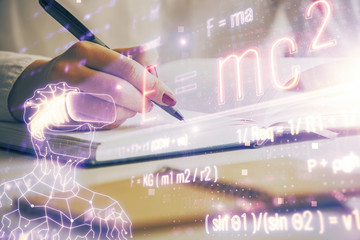 Science formula hologram over woman's hands taking notes background. Concept of study. Multi...