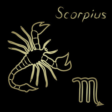 Scorpius zodiac sign vector illustration on black background. Golden figure of horoscope symbols