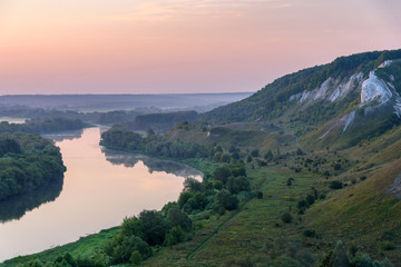 Dawn landscape. River Don at the foot of the chalk mountains. Storozhevoe village - Voronezh region, Russia