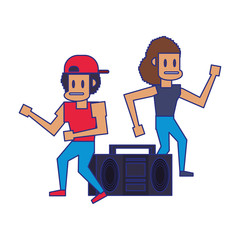 Retro videogame pixelated cartoons isolated blue lines