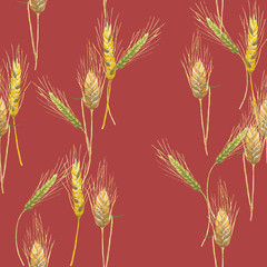 acrylic painted spikelets on pink-red background, seamless pattern