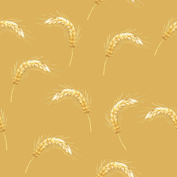 acrylic painted wheat spikelets on yellow-beige background, seamless pattern