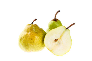 Two and a half sliced Green Anjou pears with the stems isolated on white background