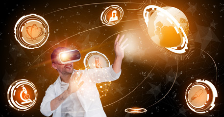 Medical Healthcare Research and Development Concept. Doctor in hospital lab with science health research icon show symbol of medical care technology innovation, medicine discovery and healthcare data.