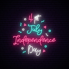Fototapeta na wymiar Happy Independence Day of USA neon sign. Luminous sign. Greeting card with lettering.