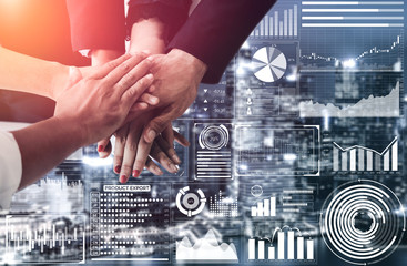 Big Data Technology for Business Finance Analytic Concept. Modern graphic interface shows massive information of business sale report, profit chart and stock market trends analysis on screen monitor.