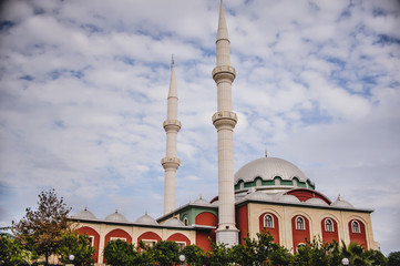 View of the Turkey Mosque. New Mosque domes and minaret. close up