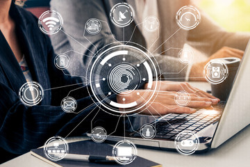 Multimedia and Computer Applications Concept. Business people using technology of digital gadget...