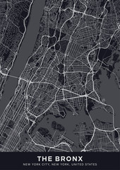 The Bronx map. Dark poster with map of The Bronx borough (New York, United States). Highly detailed map of The Bronx with water objects, roads, railways, etc. Printable poster.