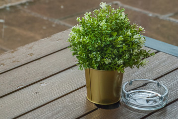 Glass ashtray and cigarette butts are extinguished on the wooden table.