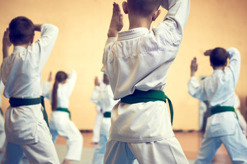 Kids training on karate-do. Banner with space for text. Retro style. For web pages or advertising printing. Photo without faces. - obrazy, fototapety, plakaty
