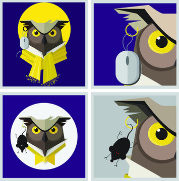 Vector image of an owl with a mouse instead of earrings in the ear