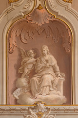 OSSUCCIO, ITALY - MAY 8, 2015: The baroque fresco of Temperance virtue in church Sacro Monte della Beata Vergine del Soccorso by Salvatore Pozzi di Puria  (1595 – 1681).
