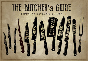 The Butcher's Guide - Type of Knives retro illustration