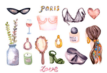 watercolor hand drawing sketch fashion outfit, a set of clothes and accessories. casual style, trendy. isolated elements.Can be used for scrapbook, wallpaper, fabric print, web pages and fills.