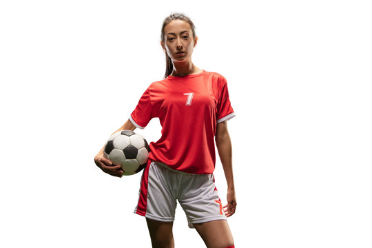 Isolated Female Soccer player play on white background. Girl with soccer ball