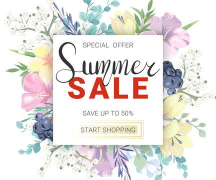 Summer Sale. Banner with summer flowers