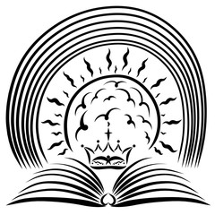 Open Bible with a crown under the sun and a rainbow with birds