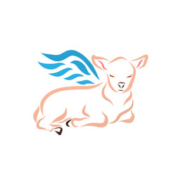 lying winged lamb with closed eyes on a white background