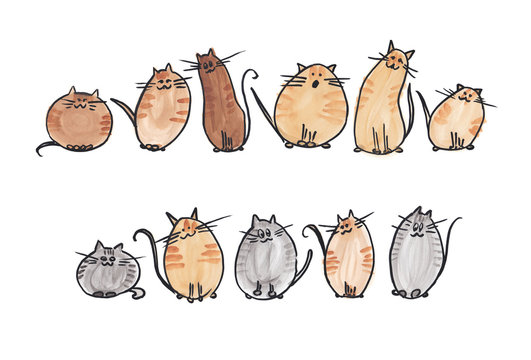 10 cute watercolor cats in 2 line on white background. Watercolor illustration