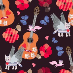Fototapeta na wymiar Seamless pattern with acoustic guitars, winged tabby cats, little jumping foxes, blue butterflies, hearts and red poppies on black background. Print for fabric.