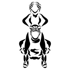 a woman with a wheel in hands on the shoulders of a man