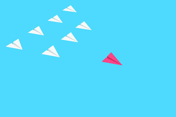 A red paper plane leads a lot of white airplanes behind it in the blue sky. Leader purposefully, leads to success. Vector illustration.