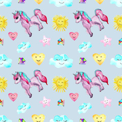 Seamless pattern with cute little unicorn. Crystal, hearts, clouds, unicorn, rainbow and stars. Amazing illustration for kids. Night theme for wallpaper, print, textile.