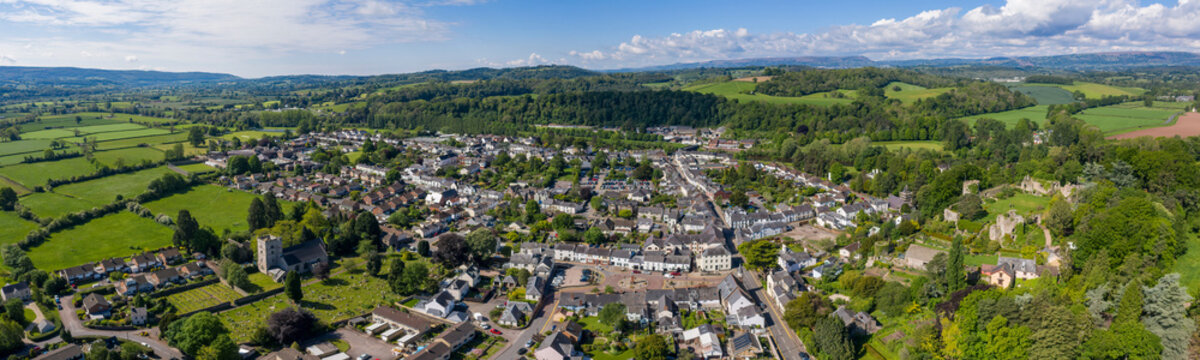 Aerial daytime panoramic view of the beautiful town of Usk in south Wales, UK