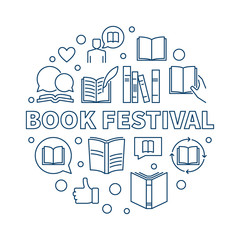 Fototapeta na wymiar Book Festival concept round vector illustration made with outline books icons