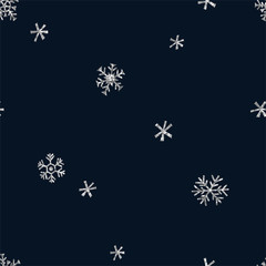 Silver glittering snowflakes seamless pattern. Ornate snowfall flakes on dark blue background. Sparkling winter magic. Christmas, New Year decoration. Wrapping paper, wallpaper, textile print