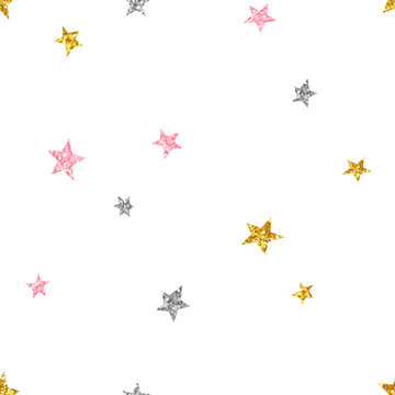 Glittering stars seamless pattern. Colorful sparkling constellation on white background. Shiny pink, golden, silver star symbols. Minimalist wallpaper, wrapping paper, textile print