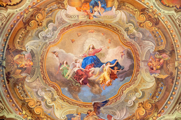 COMO, ITALY - MAY 8, 2015: The ceiling fresco of Assumption of Virgin Mary in church Santuario del Santissimo Crocifisso by Gersam Turri (1927-1929). - obrazy, fototapety, plakaty