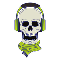 Cool skull with headphones and scarf cartoon blue lines
