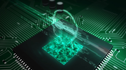 CPU on board with cyber privacy symbol hologram